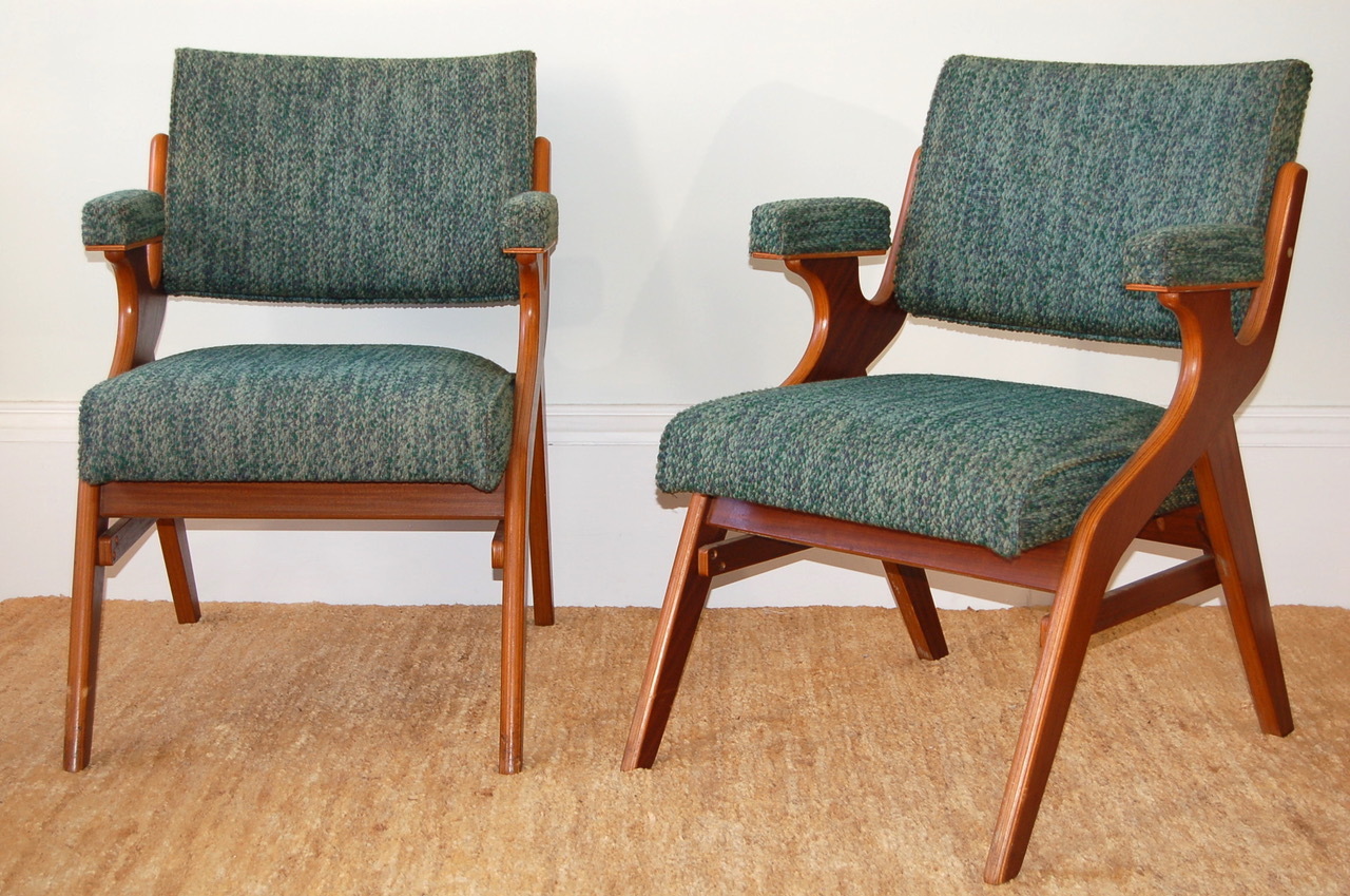 Morris of Glasgow chairs, with arms, in laminated wood and original boucle fabric - made by Morris Chair Co Ltd, Carmyle.
