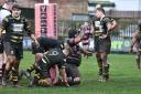 Ben Cree celebrates a try for Ayr: Pic: George McMillan.