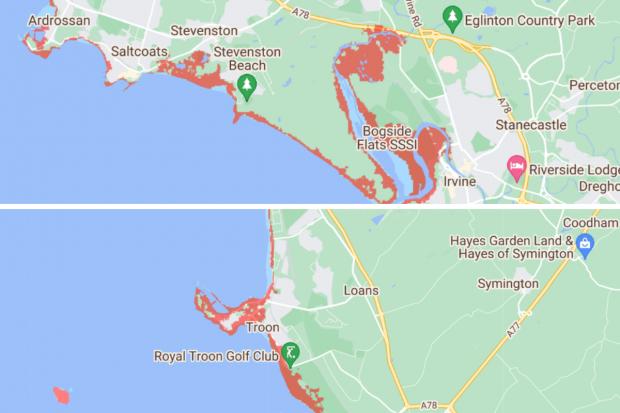 Ayr Advertiser: Parts of Ayrshire that could fall under the annual annual flood levels. Credit: Climate Central