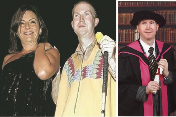 Mikey with Davina McCall on the show in 2008 (left) and more recently with his PHD (right).
